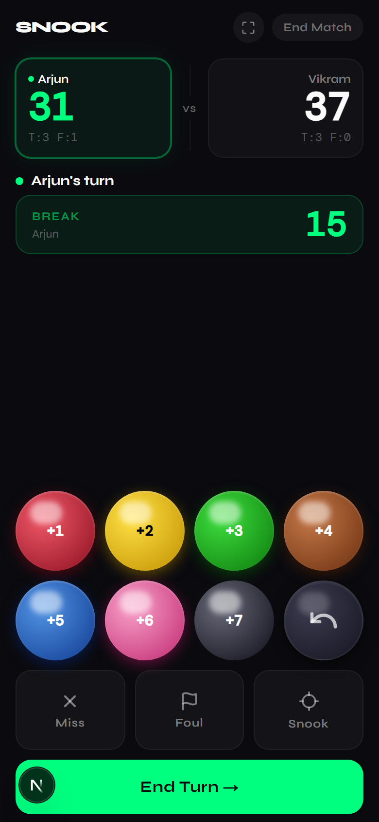 Live snooker scoreboard mid-frame, showing both players' scores, the active break, and the ball buttons used to score each pot