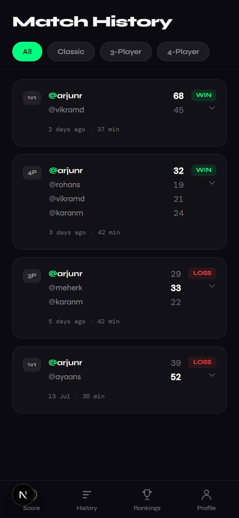 Match history screen listing past snooker frames with scores, results, and match type
